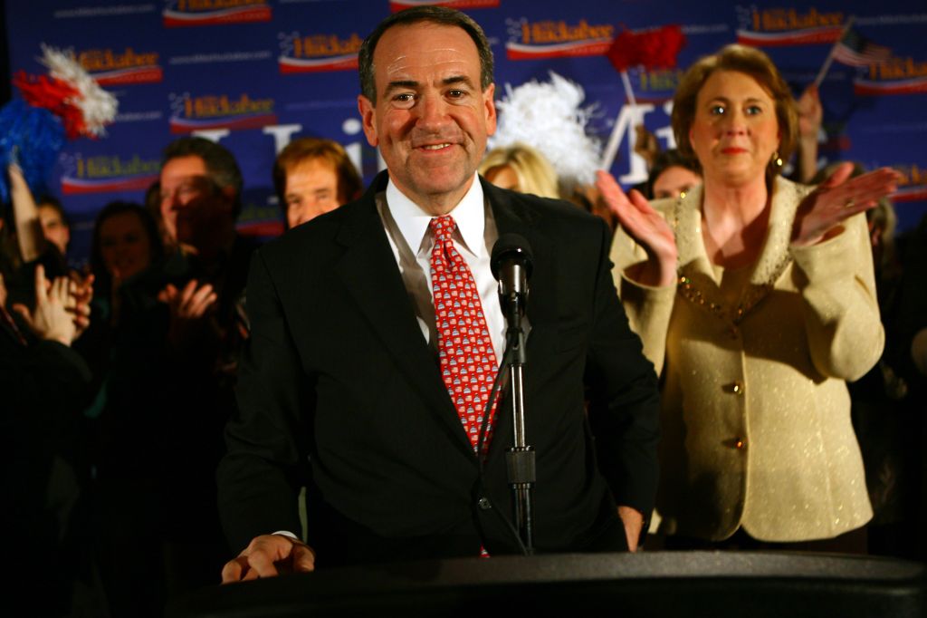 Former Arkansas Gov. Mike Huckabee with his wife, Janet, gives his acceptance speech Thursday night