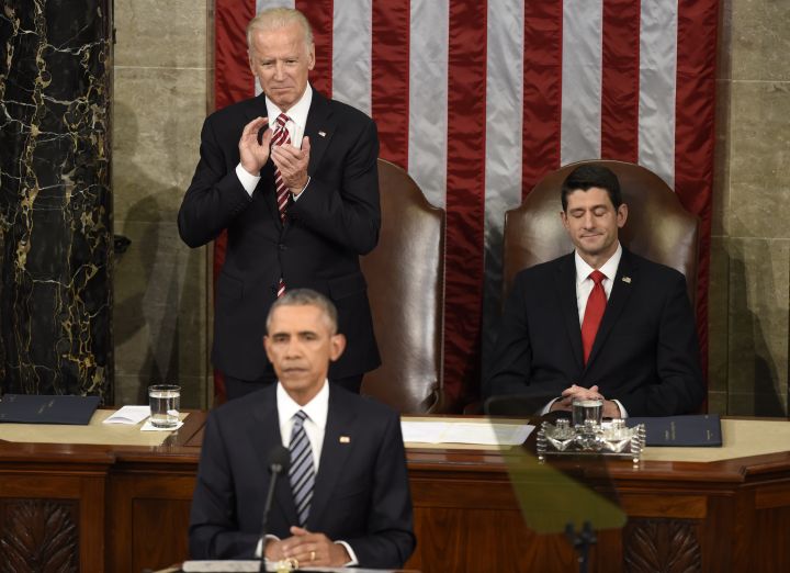 Always in president’s corner, Joe Biden gives Obama a standing ovation at his final State of the Union address.