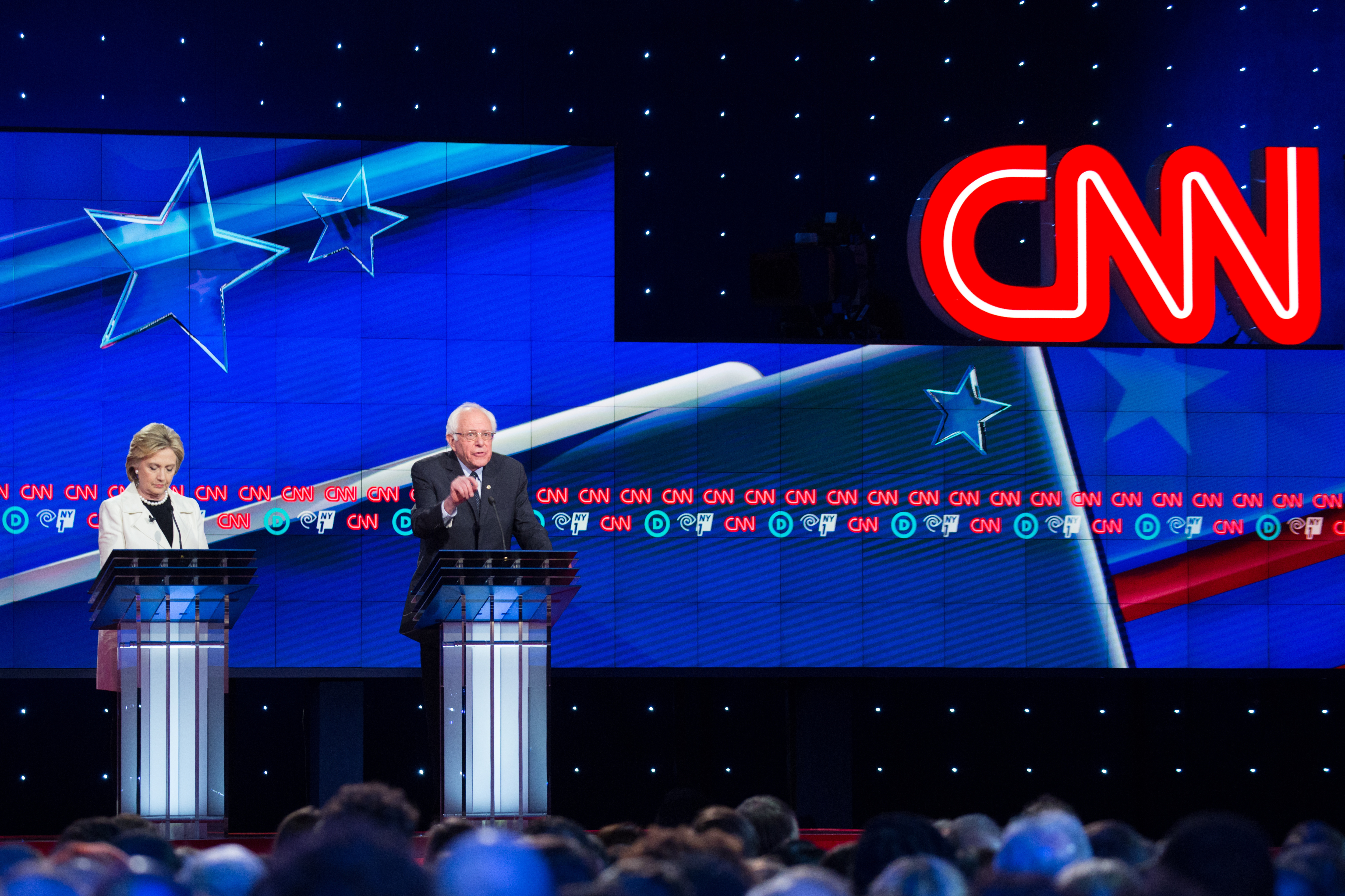 Hillary Clinton and Bernie Sanders at CNN during the...