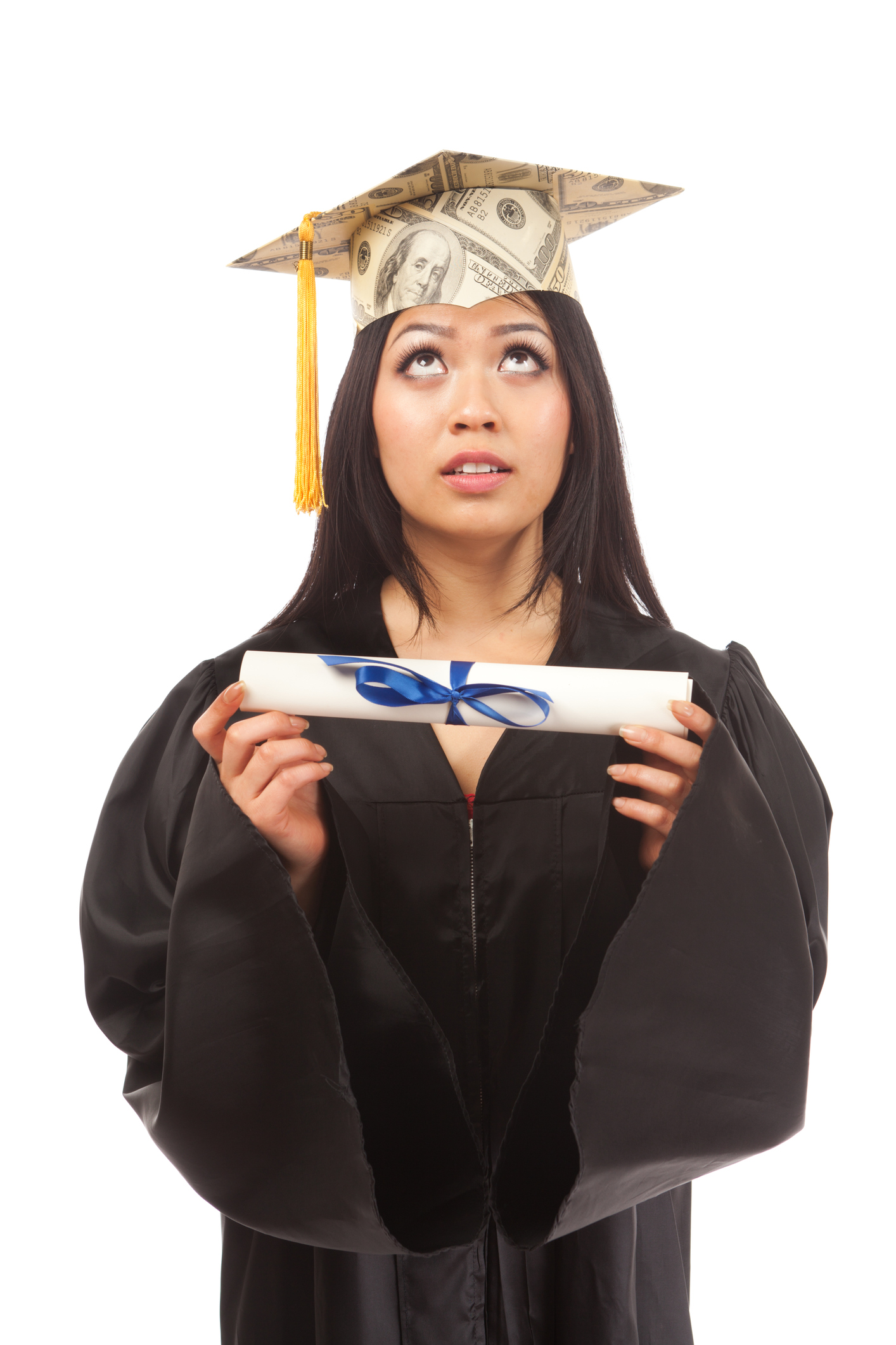 Student Graduate Worrying about Loans, Financial Future on White Background