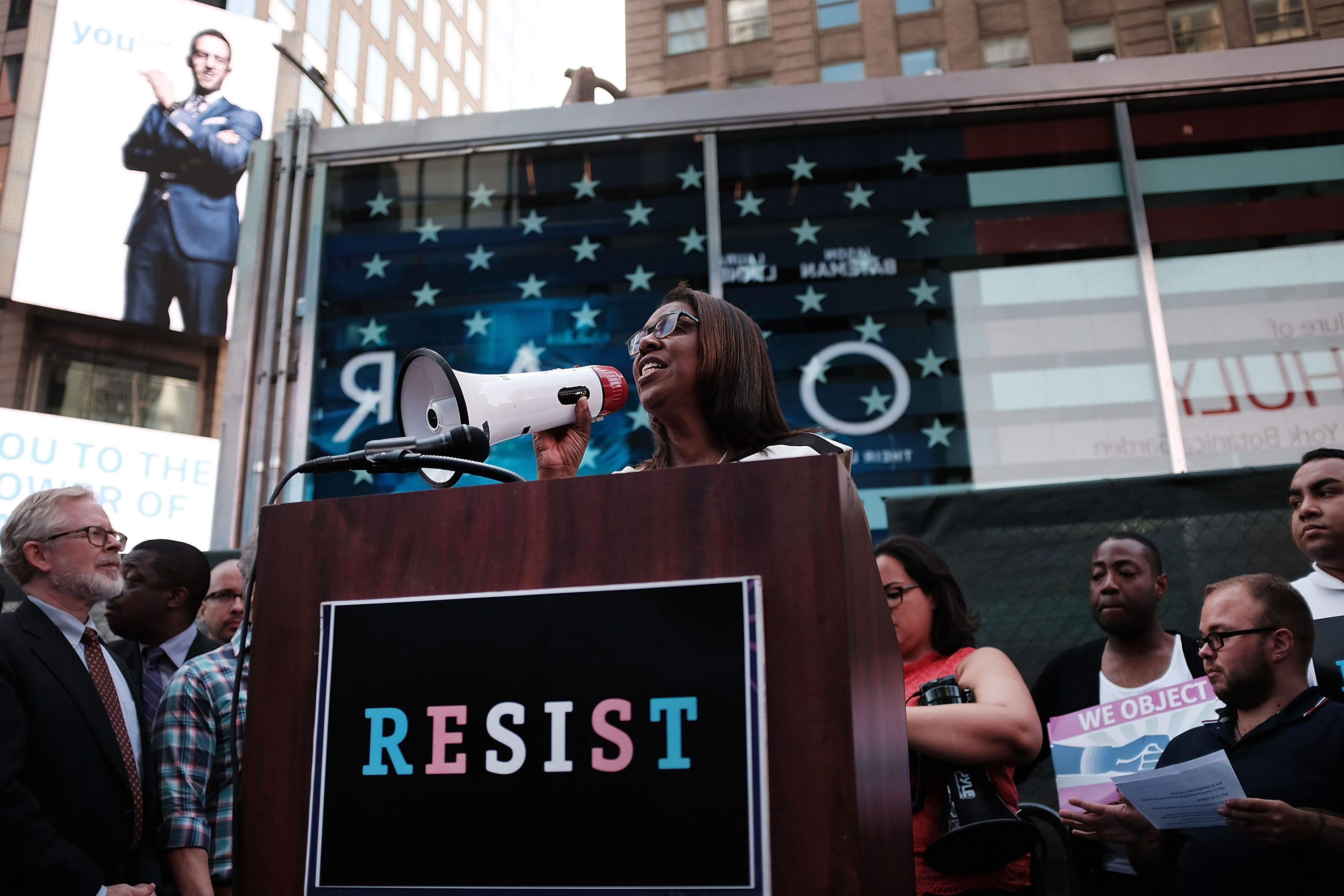 Anti-Trump Protesters Demonstrate In Times Square Against Trump Announcement Of Banning LGBT Service Members