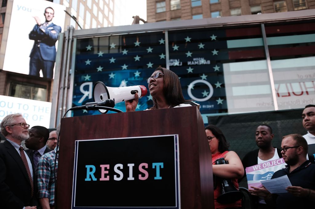 Letitia James at a podium