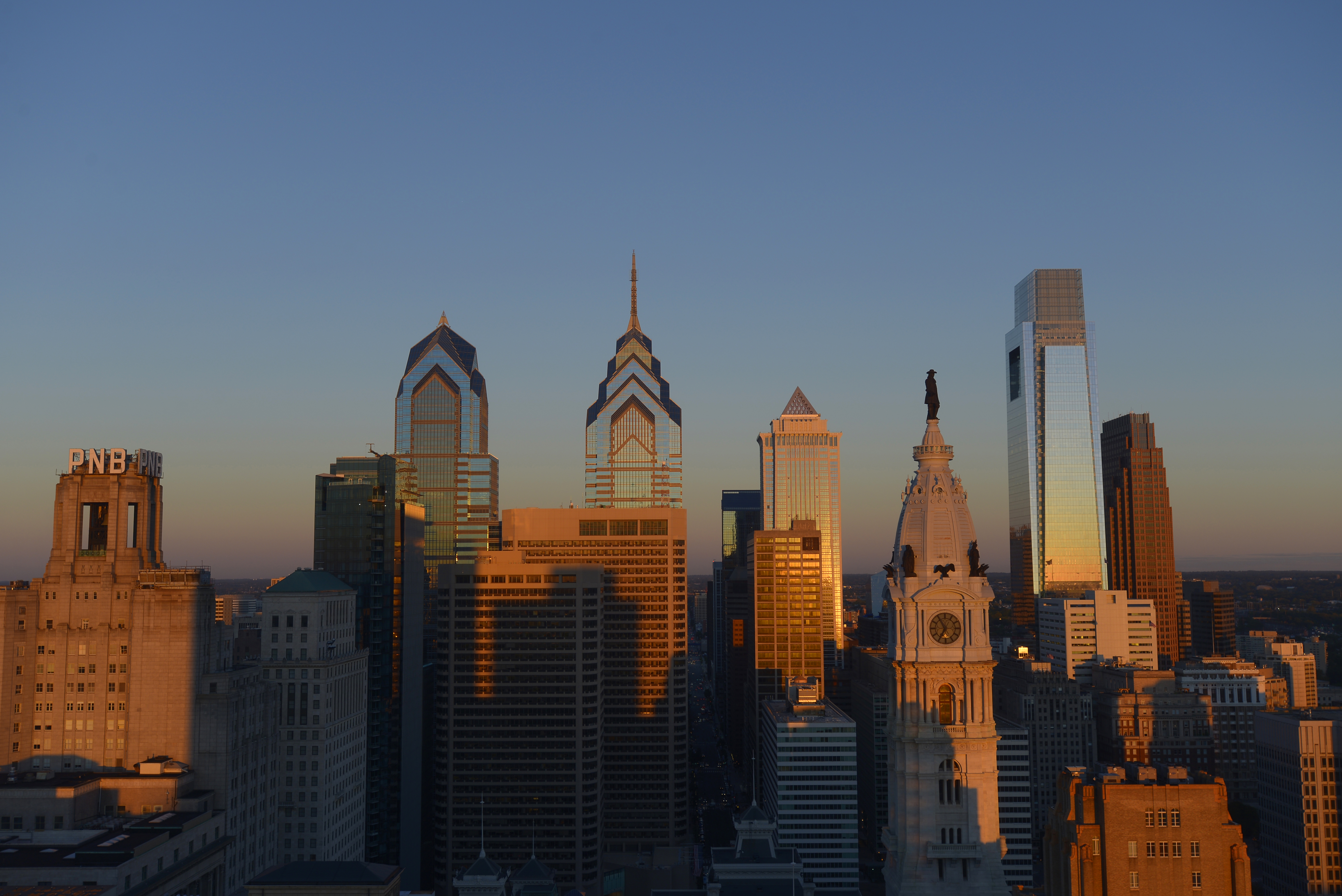 Skyline with skyscrapers at dawn, on the left the Liberty Place complex, Philadelphia, Pennsylvania, United States of America