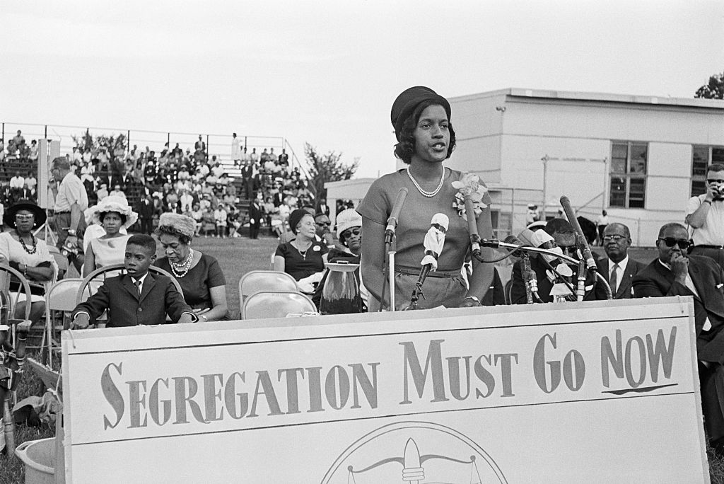 Myrlie Evers Speaking at Microphone