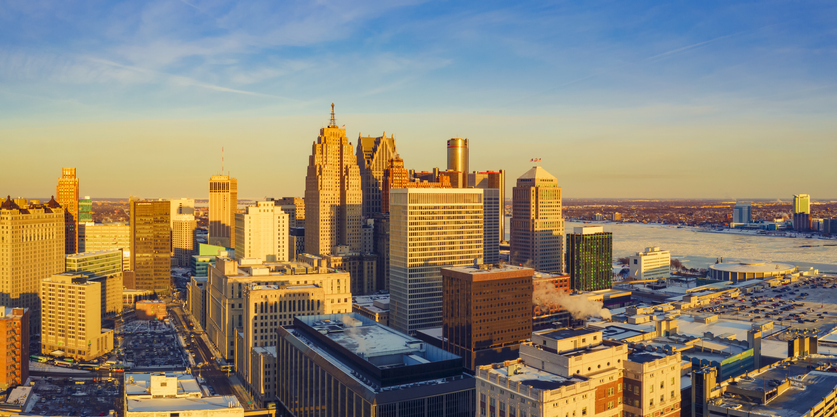 Detroit downtown Michigan at sunset in Winter