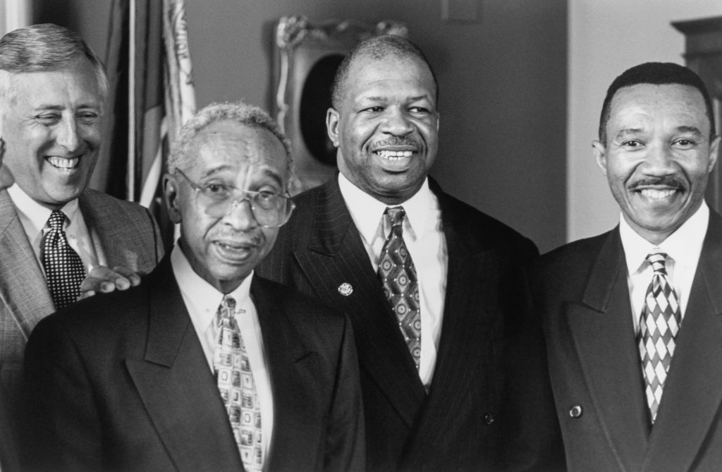 Md. Delegations, Reps. Steny Hoyer, Parren Mitchell, Elijah Cummings and Kweisi Mfume pose for a photo"n