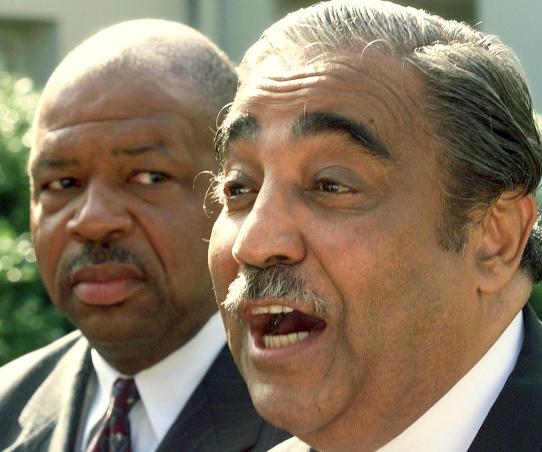 US Rep. Elijah Cummings, (D-MD), and US Rep. Charl WASHINGTON, : US Rep. Elijah Cummings, (D-MD), and US Rep. Charles Rangel, (D-NY), (R), speak with reporters just outside the West Wing of the White House early 12 September after meeting with US President