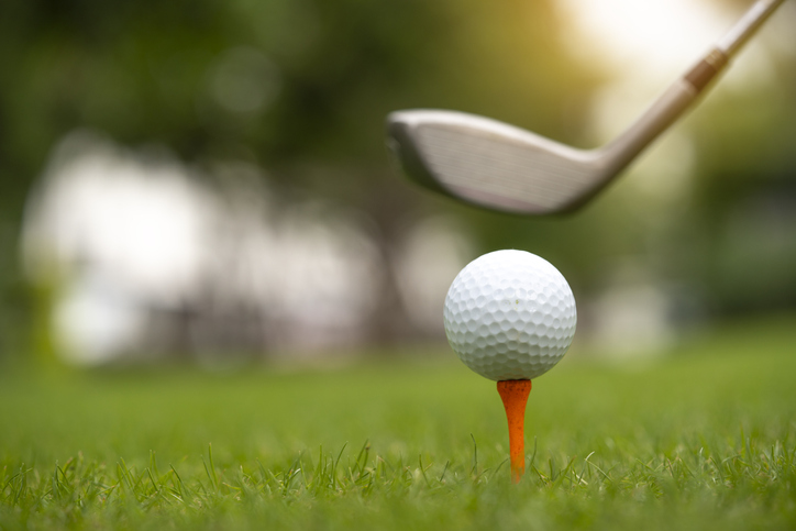 Golf club and ball in grass