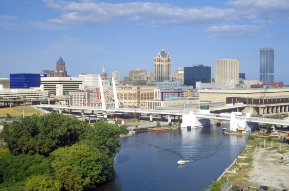 Milwaukee skyline with Menomonee River in foreground, WI