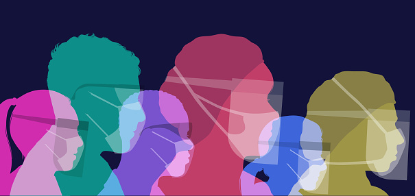 Colourful silhouettes of Medical professionals wearing protective face masks against infection, PPE, coronavirus,