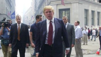 Donald Trump speaks outside the New York Stock Exchange. A w