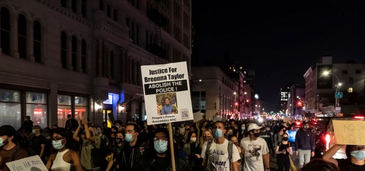 Hundreds of people protest on streets in New York after...