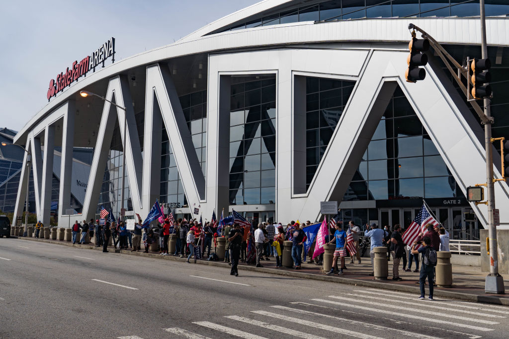 Protesters Gather Outside State Farm Arena In Georgia As Ballots Continue To Be Counted