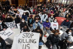 Students staging large sit-in inside of the Ohio Union...