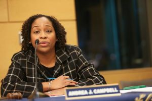 (Boston, MA 01/19/17) Boston City Councillor Andrea Campbell attends a public hearing on Boston police wearing body cameras held at the Boston Public Library on Blue Hill Avenue in Boston on Thursday, January 19, 2017. Staff Photo by Nicolaus Czarnec