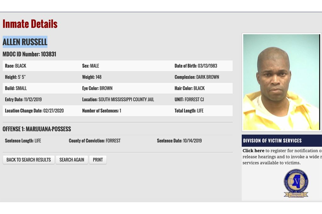 Allen Russell, life sentence for marijuana possession has been upheld in Mississippi
