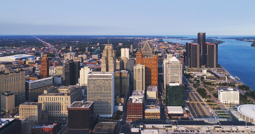 Detroit Michigan Downtown skyline Aerial Sunset