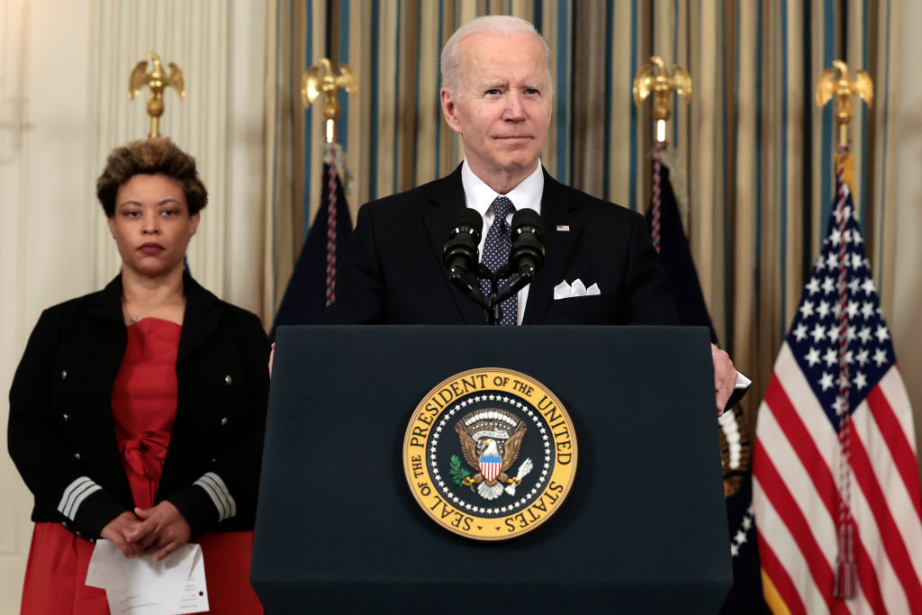 President Biden Announces His Budget For 2023 In State Dining Room Of White House