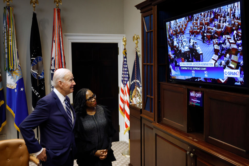 President Biden And Ketanji Brown Jackson Watch As Senate Votes On Supreme Court Nomination