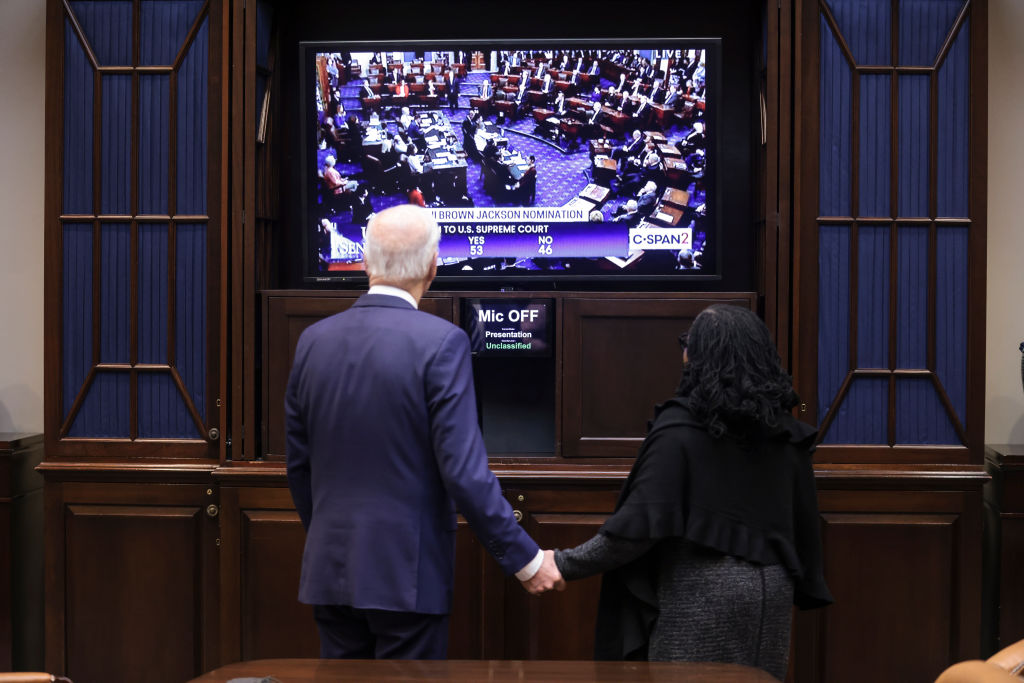 WASHINGTON, DC - APRIL 7: President Joe Biden congratulates Ket