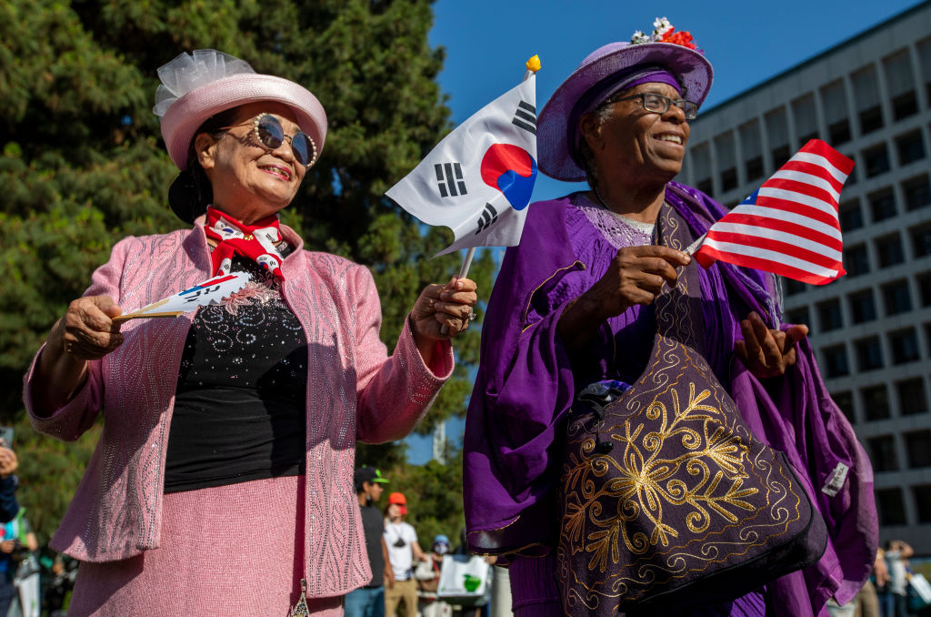 30th Anniveary of April 29 LA Riots. People gather in Liberty Park in Korreatown.