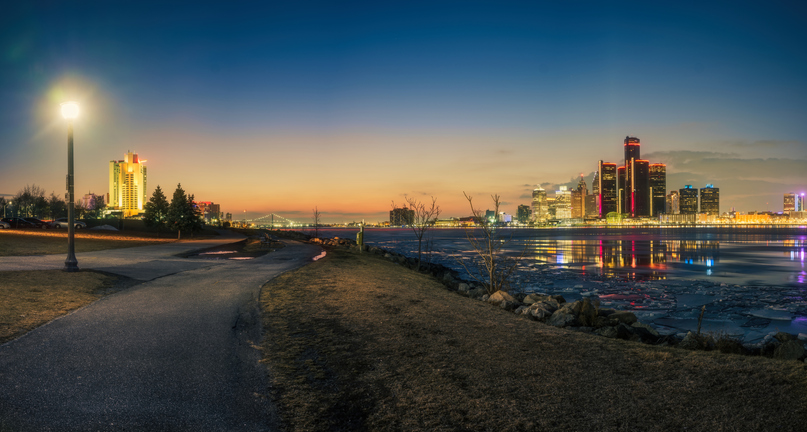 Detroit, Michigan - Winter Skyline at Dusk