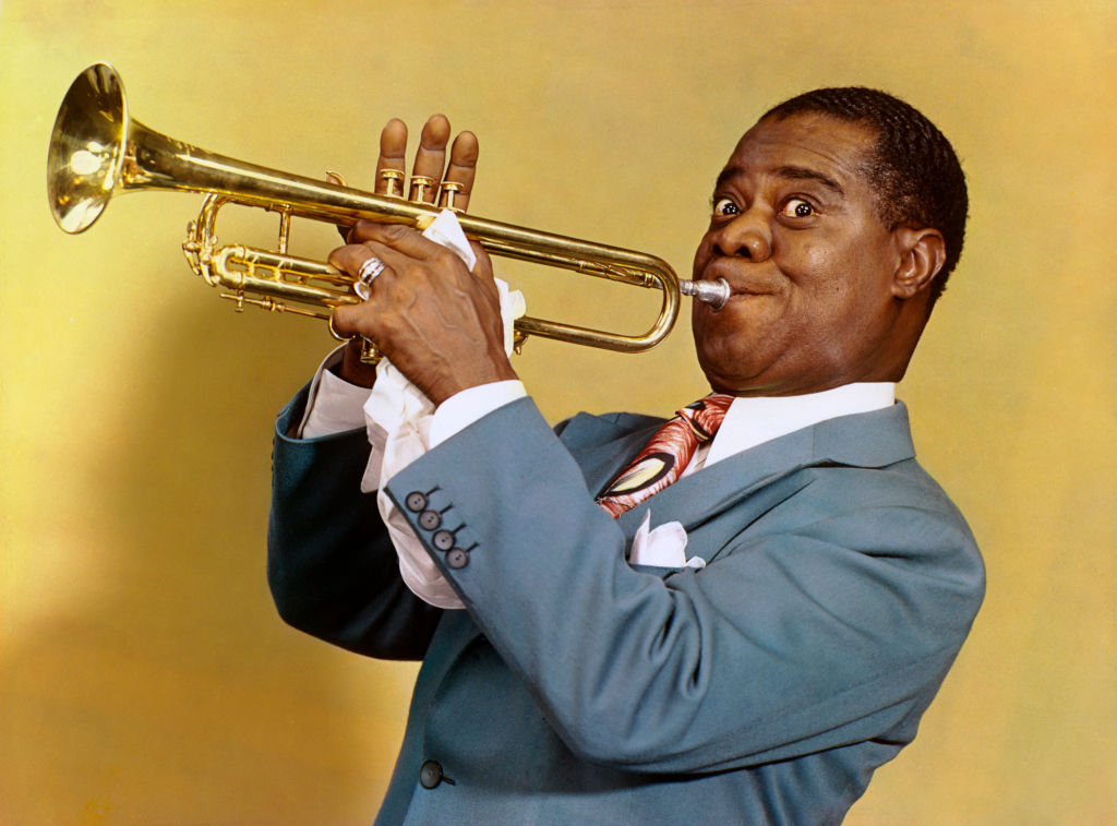 Louis Armstrong, American Jazz Performer, half-length Portrait playing Trumpet, Harry Warnecke, Gus Schoenbaechler, 1947