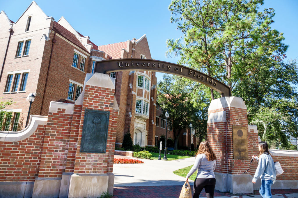 Gainesville, University of Florida, campus entrance with students