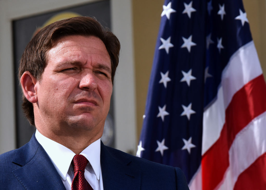 Florida Gov. Ron DeSantis seen during a press conference to...