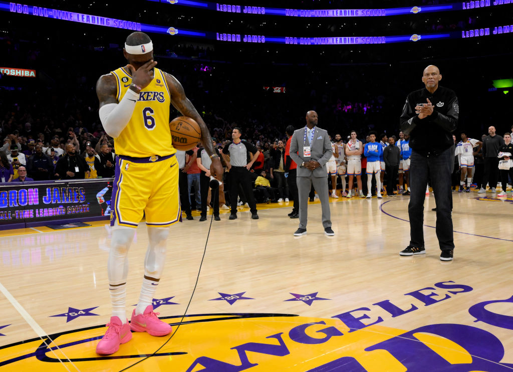 LeBron James #6 of the Los Angeles Lakers sets the All time scoring record.