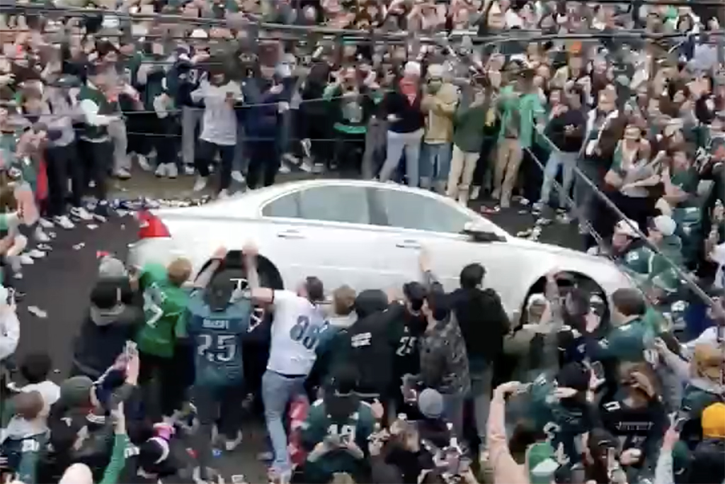 Temple University Philadelphia Eagles fans flip car and riot video