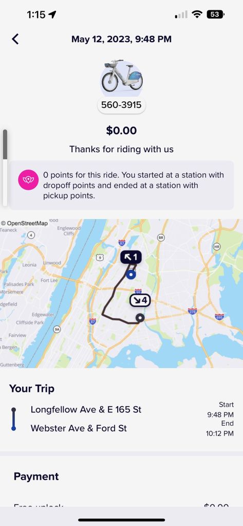 Citi Bike receipts and screenshot from Sarah Jane Comrie encounter