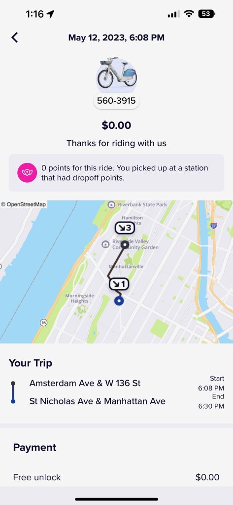 Citi Bike receipts and screenshot from Sarah Jane Comrie encounter