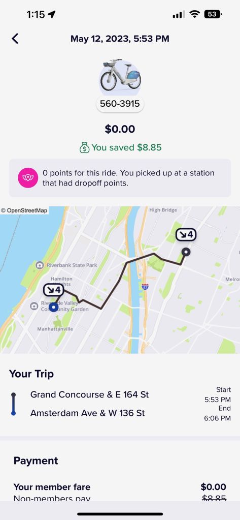 Citi Bike receipts and screenshot from Sarah Jane Comrie encounter