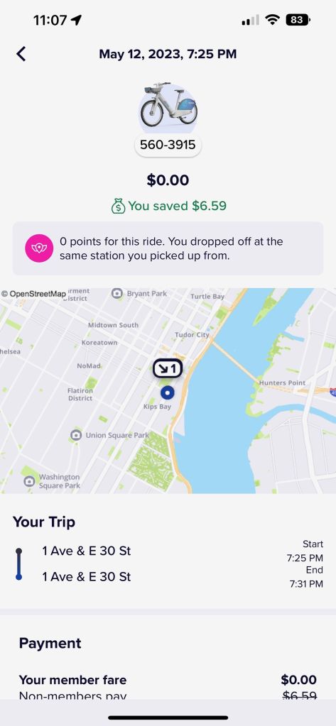 Citi Bike receipts and screenshot from Sarah Jane Comrie encounter