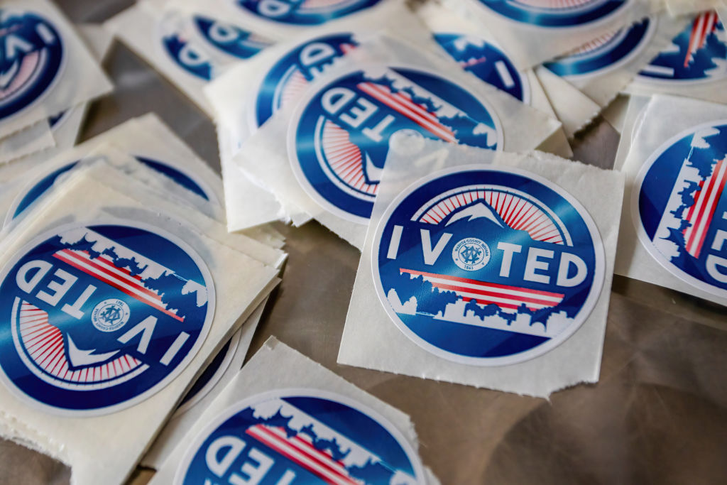 "I voted" stickers are seen during the election day...