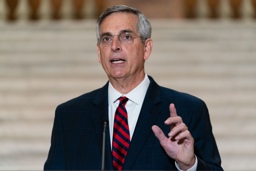 Secretary Of State Brad Raffensperger Discusses The Midterm Election At The State Capitol