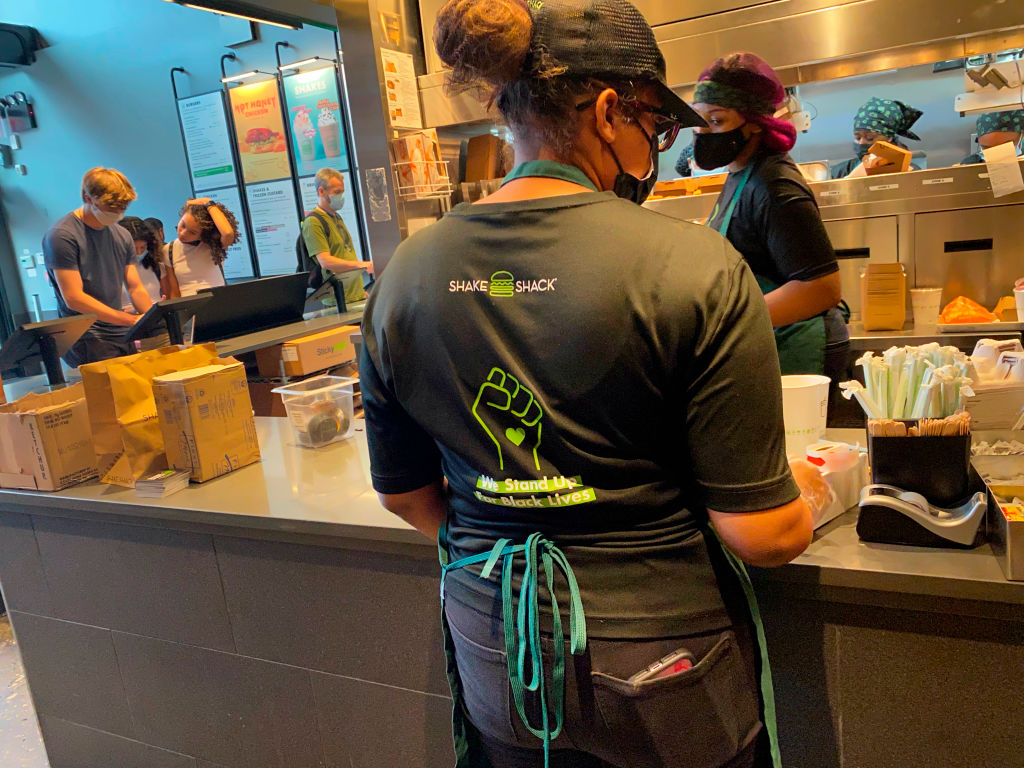 Shake Shake staff in Black Lives Matter shirts, preparing orders, Forest Hills, Queens, New York