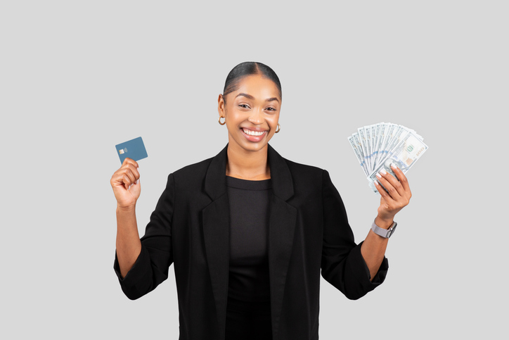 Glad confident millennial black lady hold credit card and money - Black Philanthropy Month (BPM0 CLLCTIVLY,