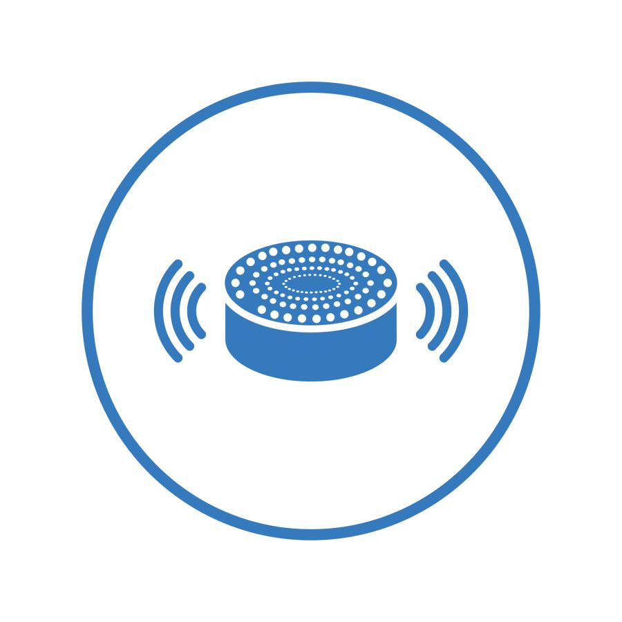 Echo, dot, speaker, Alexa icon. Blue color design.