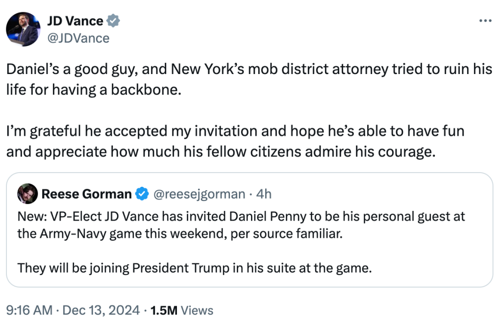 JD Vance social post inviting Daniel penny to Army-Navy game