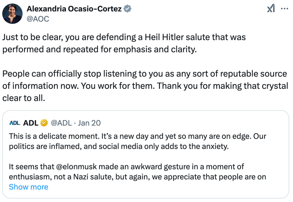 AOC X post to ADL defending Elon Musk's "Nazi salute"