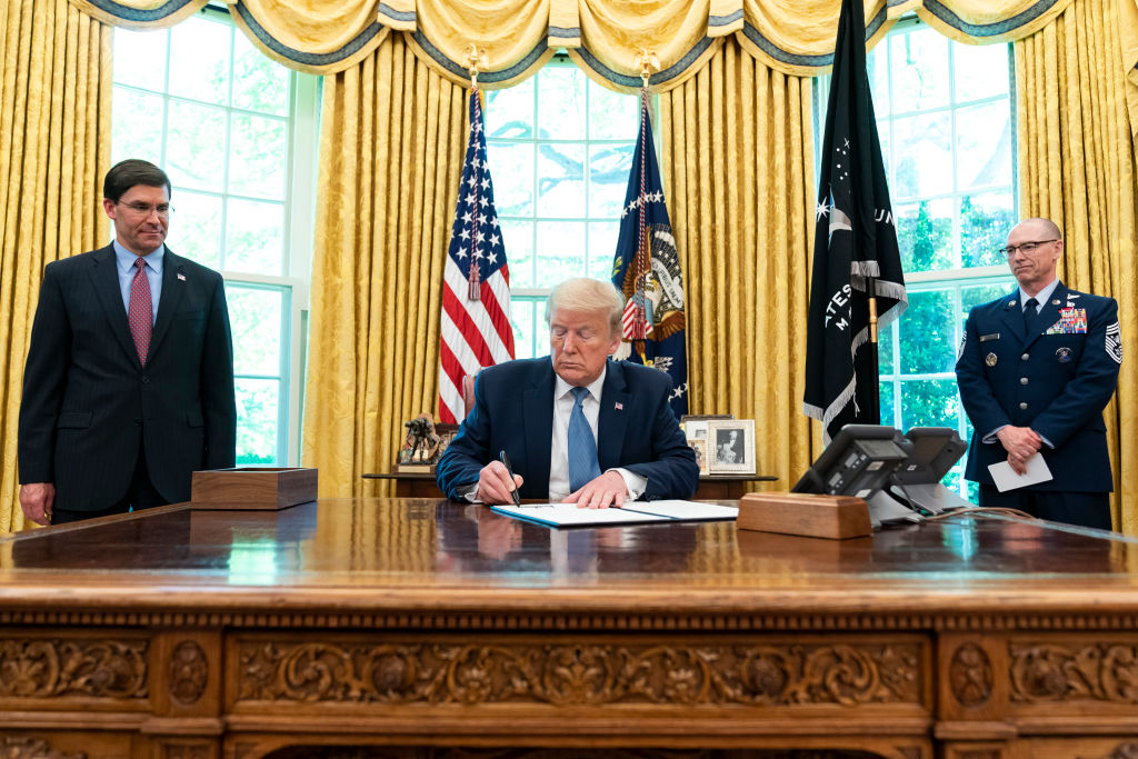 Reportage: President Donald Trump, joined by Department of Defense Secretary Mark Esper and US Space Force Senior Enlisted Advisor CMSgt Roger Towberman, signs an Armed Forces Day Proclamation May 15 2020 in the Oval Office