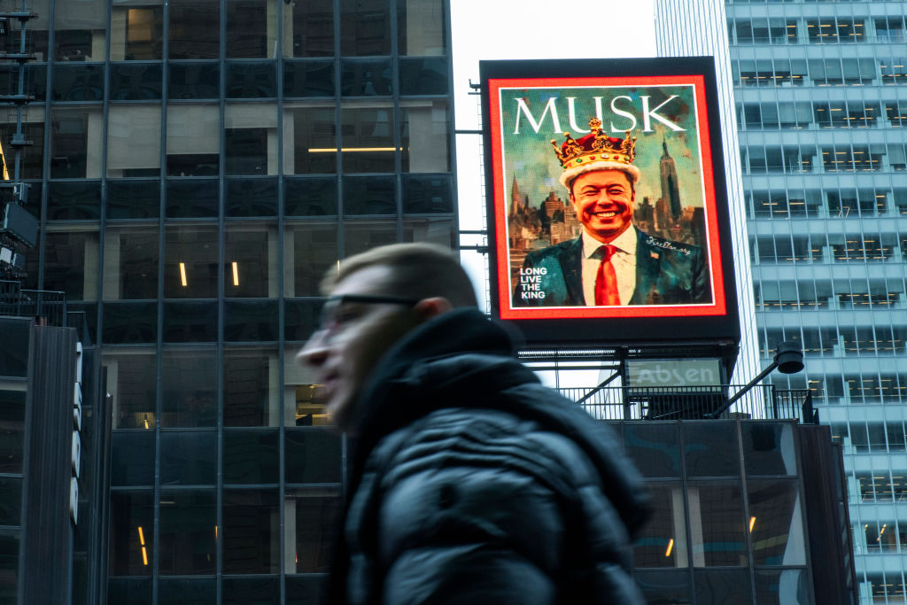 Screen Shows Elon Musk Senior Advisor to U.S. President Donald Trump in Times Square