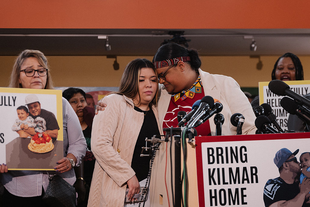 Jennifer Vasquez Sura, whose husband Kilmar Abrego Garcia was deported by ICE, speaks at a rally