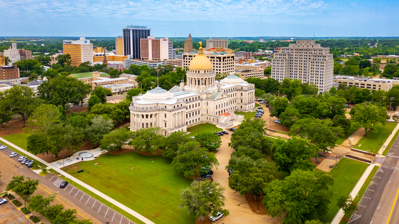 The Mississippi Capitol Building in downtown Jackson, the capital city of Mississippi