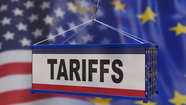 US Tariff, Trade war concept. Tariffs text on a cargo conatiner, European Union and american flag