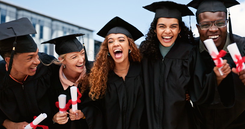 Outdoor, happy people or friends laughing at graduation for education goals, degree certificate or success. Students, celebrate or graduate at campus with scholarship, smile and college achievement