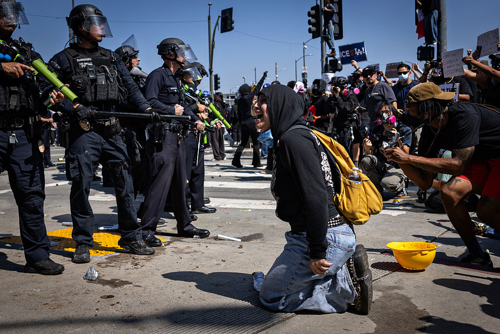Protesters clash with law enforcement in downtown Los Angeles near the Federal Building and the Metropolitan Detention Center due to the immigration raids in L.A.