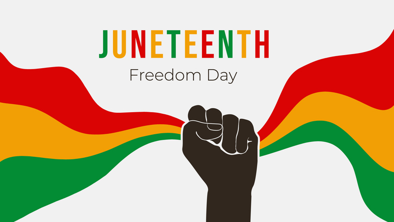 Black History Month, Juneteenth banner. Waving Pan-African flag on white background. Juneteenth Freedom Day poster